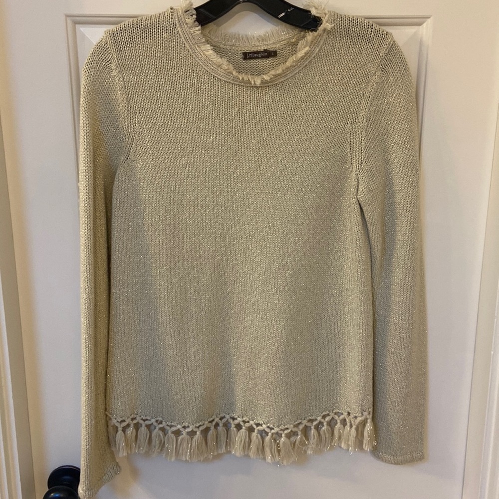 J. McLaughlin taupe/gold sweater, size small, with a bit of sparkle and fringe